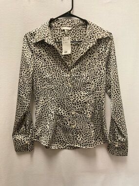 H&M Cream and Black Animal Print Button-Down Blouse